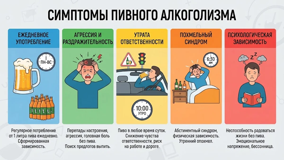Инфографика: симптомы пивного алкоголизма (ежедневное употребление, агрессия, потеря ответственности, похмельный синдром и психологическая зависимость).