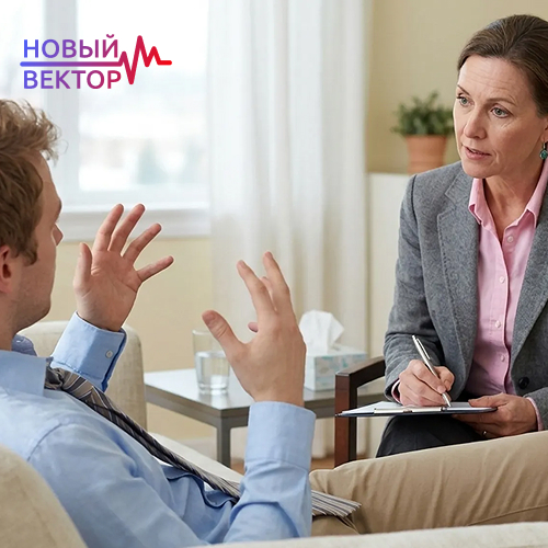 Пациент жестикулирует на кушетке у психиатра